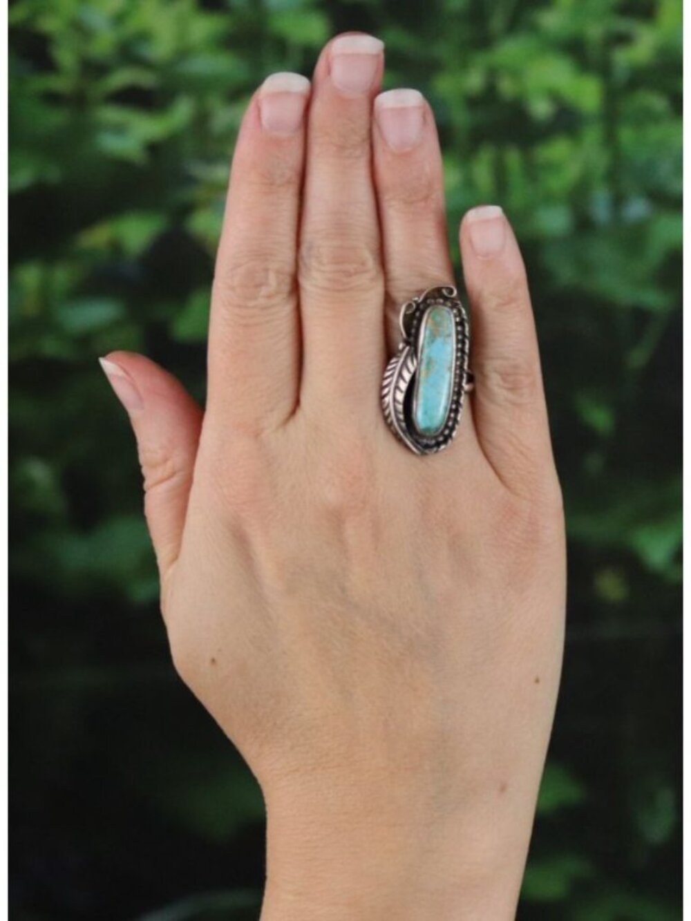 Sterling Silver Natural Oval Turquoise Ring Leaf Design Size 6 1/2 - Picture 2 of 6